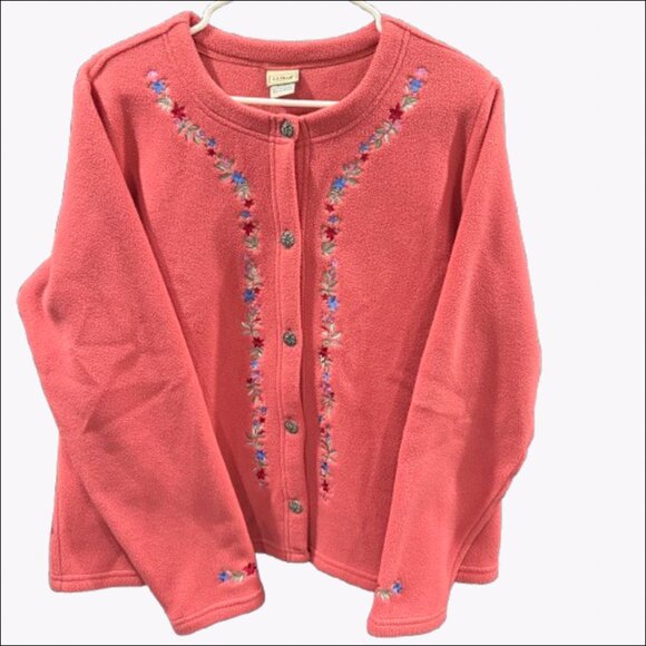 LL Bean Women's Cardigan Fleece Floral Embroidery Dusty Coral Polartec XL-REG - Picture 1 of 13
